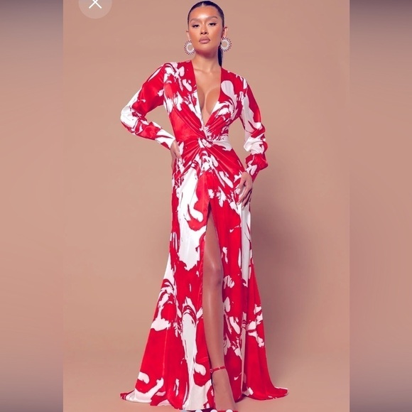 luxury fashion nova Dresses & Skirts - Christmas dress,Satin max dress ,frontal slit ,long sleeves red and whit…